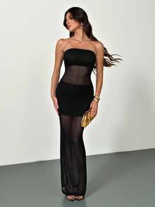 SHEIN Tall Đầm lưới xuyên thấu màu trơn, không dây vai, không tay, gợi cảm, thích hợp cho các buổi tiệc tùng, mùa hè, mùa xuân, ngày Valentine, đi chơi, thanh lịch, nghỉ mát, chất liệu lưới, xuyên thấu, màu đen, đầm ôm sát gợi cảm, đầm ống đen, đầm đen xuyên thấu, đầm quyến rũ, đầm đen gợi cảm dành cho nữ, đầm đen. - màu đen - Xem 1