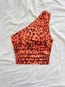 Soleia Sexy Casual One-Shoulder Ruched Leopard Print Top Club Orange Red Summer - Orange - View 6
