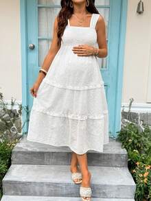 SHEIN Pregnant Women Solid Color Square Neck Lace Decor Shirred Sleeveless Minimalist Dress - White - View 7