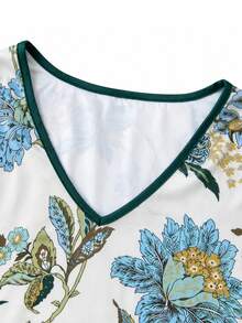 Balvessa Beige Base Blue Green Floral Print, V-Neck Ruffle Trim 3/4 Sleeve Blouse, Contrast Green Edge, Bohemian, Vacation Casual Style, Suitable For Daily, Vacation, Commuting, Light Business Multi-Scenario Adaptation, Spring/Summer Flowy Style, Loose A-Line Flattering Fit - Apricot - View 3