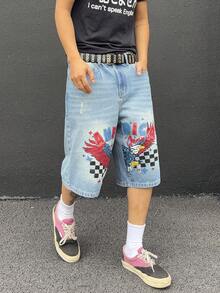 Manfinity Roughcore Men's Distressed American Print Denim Shorts, Casual Street Style, Holiday - Light Wash - View 4