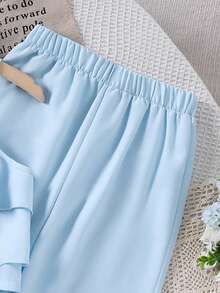 SHEIN Sparklyn Bộ đồ đi chơi cho bé gái tuổi teen, áo hai dây xếp tầng bèo nhún + quần ống rộng họa tiết hoa, thanh lịch cho đi chơi hàng ngày, đi biển, chụp ảnh - Màu xanh lam - Xem 5