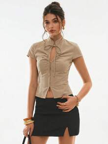 Poéselle Women's Casual Solid Color Hollow Lace-Up Blouse, Summer - Khaki - View 7