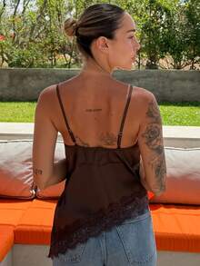 Mélanie ORL Lace Criss-Cross Asymmetric Hem Camisole Top, Women's 2026 New Kendall Style Chest Patchwork Elegant Vest On The Chest Casual - Brown - View 2