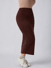 SHEIN BASICS Falda lápiz de cintura alta talla grande - Marrón - Ver 4