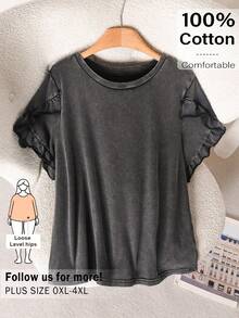 CosyJoli Áo nữ size lớn mùa hè gấu bèo, áo thun tay ngắn màu đen, quần áo nữ dáng rộng thoải mái, áo họa tiết bông tuyết, áo giặt mài - màu đen - Xem 3