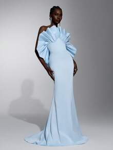 Elitara Elegant Formal Sky Blue Satin Mermaid Evening Gown Dramatic Ruffle Off-Shoulder Floor-Length Fitted Dress With Train For Women Wedding Spring - Baby Blue - View 4
