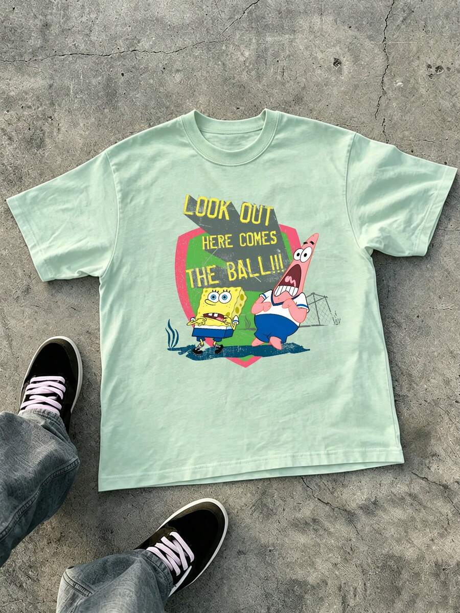 SpongeBob SquarePants | SHEIN Manfinity EMRG 男士夏季休閒度假時尚日常通勤趣味可愛卡通標語印花短袖T恤,假期 - 薄荷綠 - 查看 1