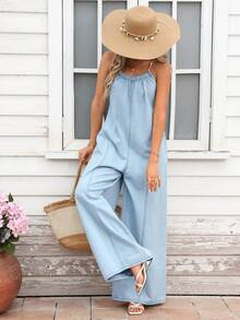 Breezaya Women's Loose Wide Leg Casual Denim Jumpsuit For Vacation Beach Light Blue Summer - Blue - View 3