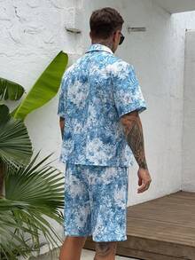 DAZY 男士花卉印花短袖上衣與短褲海灘套裝 度假夏季穿搭 - 藍色 - 查看 2