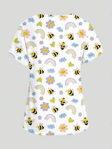 PopScrub Bee, Rainbow, Flower Cartoon Pattern Women's Nurse Uniform Top, Spring/Summer Fashion V-Neck Short Sleeve Double Pocket Design Side Slit Workwear, Women's Cute Scrub Top, Uniform Top - White - View 2