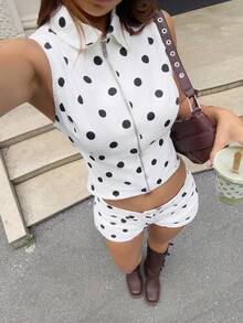Rivivi 時尚圓點印花拉鍊門襟水洗背心與休閒短褲牛仔套裝 - 彩色 - 查看 3