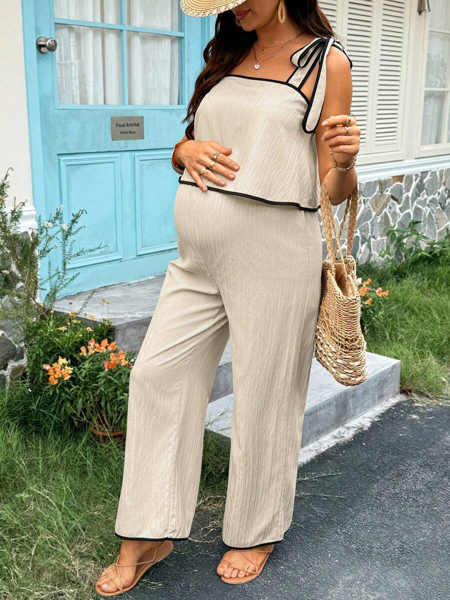 SHEIN Bộ 2 món đồ bầu áo tank top thắt nút viền tương phản và quần dài phong cách thường ngày - Màu be - Xem 1
