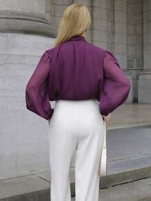 Elenary Edit Damen elegante Pendler Chiffon Bluse mit tiefem V-Ausschnitt und Schleife, Langarm - Violett - Übersicht 2