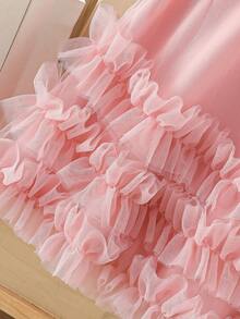 Elladie kids Young Girls' Summer Lotus Cerise Pink Fairy Princess Dress,7th Birthday Sweet Big Bow Round Neck Layered Mesh Party Dress Suitable For Daily Wear - Pink - View 5