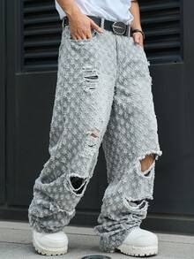 Manfinity EMRG Men's Casual Distressed Crochet Denim Jeans, Retro Gray Streetwear - Grey - View 3