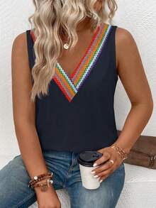 EMERY ROSE Women's Spring/Summer New Hot-Selling Colorful Wavy Striped Pattern Patchwork Neckline, Casual Versatile Short Sleeve Plus Size T-Shirt - Multicolor - View 5