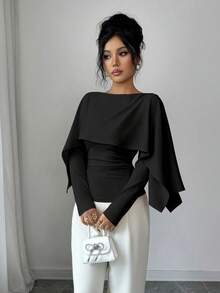 Elenzga New Design Women's Shawl Collar Long Sleeve Elastic Knit Top, Youthful Elegant Everyday Versatile Waist Cinching Slimming Fit T-Shirt - Black - View 6