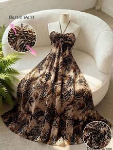Gownix Leopard Print Backless A-Line Maxi Dress, Suitable For Vacation Beige Summer Tropical Beach - Brown - View 7