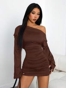 SHEIN PETITE 女款時尚性感純色不對稱領口迷你洋裝，適合嬌小女性 - 摩卡棕 - 查看 7