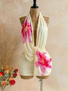 Soleia Women's Floral Print Deep V Neck Ruched Sexy Halter Mini Dress, Vacation - Pale Yellow - View 6