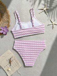 SHEIN Set Bikini Bergaris untuk Anak Perempuan Remaja, Pakaian Renang Dua Potong Kasual dengan Desain Bawahan Segitiga, Cocok untuk Liburan, Pantai, Musim Panas - Mauve Purple - View 2
