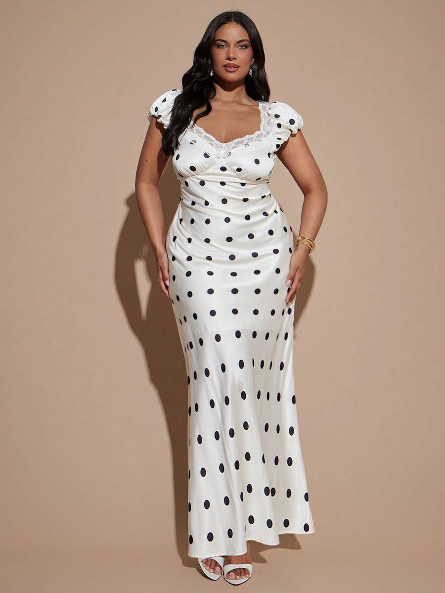 SHEIN BAE CURVE 大尺碼純色波點短袖方領蕾絲拼接露背修身洋裝 Chelsea 優雅度假海灘正式長款夏季白色
