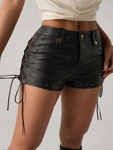 SHEIN ICON Women's PU Leather Tie-Up Design Fashion Shorts - Black - View 5