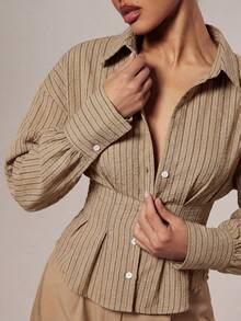 Hauture Women's Casual Commuter Striped Waist-Cinching Shirt - Khaki - View 5