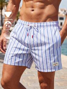 Manfinity VDAYZ Men's Summer Vacation Striped Drawstring Waist Slanted Pocket Beach Shorts, Holiday - Blue and White - View 4