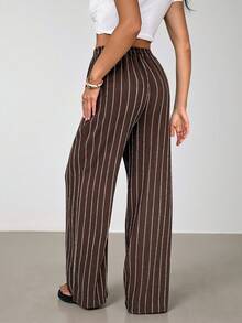 SHEIN Tall Women's Striped Drawstring Waist Wide Leg Loose Casual Pants, For Daily Wear, Suitable For Spring, Summer And Autumn, French Holiday, Tall Women - Brown - View 2
