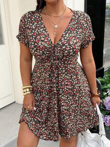 Muchica Plus Size Women's Casual V-Neck Ditsy Floral Dress - Multicolor - View 5