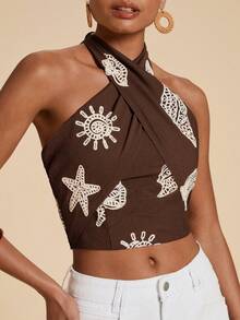 Travachic Women's Vacation Textured Criss-Cross Halter Top - Coffee Brown - View 4
