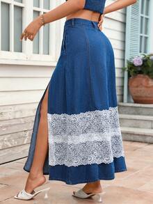 Breezaya Women's Contrast Lace Denim Skirt With Side Slit, Fashion Boho Vacation Blue Floral Autumn - Medium Wash - View 2