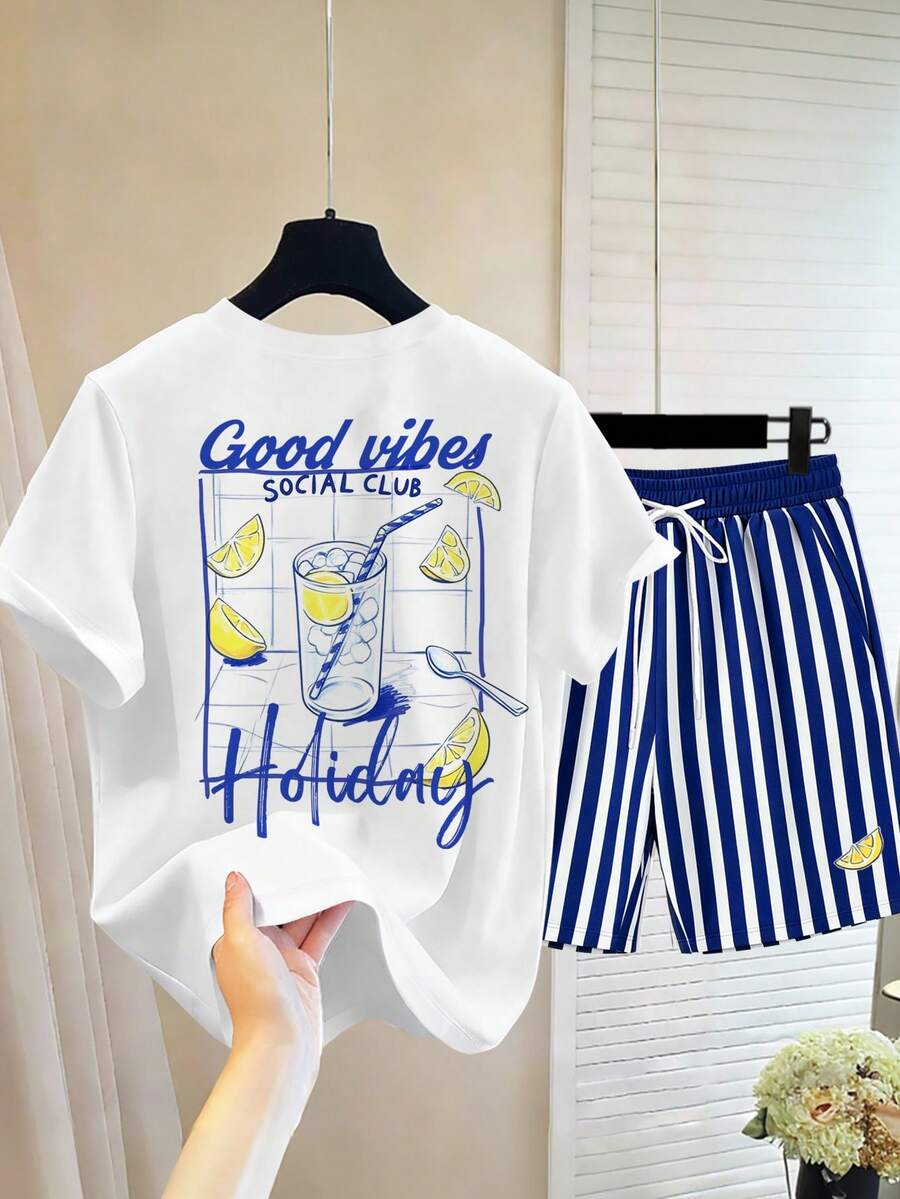 Manfinity Hypemode Good Vibes 休閒度假風男士短袖T恤與短褲套裝！清新檸檬印花 + 輕鬆口號，藍白條紋清爽配色 + 療癒印花，外出時散發度假氛圍 - 彩色 - 查看 1