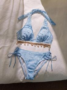 Swim Lushoire Swim Mod 新款女款優雅波希米亞風 2 件式黃色紋理花卉三角比基尼套裝，Y2K Spice Girl 復古可愛甜美海濱時尚 90s/2000s 風格海灘航海風－2 件式泳衣含掛脖上衣、紋理花卉壓紋布料、貝殼與海星吊飾飾邊、側綁帶性感三角褲，修身女性輪廓海灘裝，適合夏季度假、泳池派對與音樂節 - 淺藍色 - 查看 8