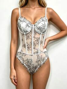 Allurite Bodysuit nữ thời trang ren xuyên thấu có gọng gợi cảm - trắng - Xem 5