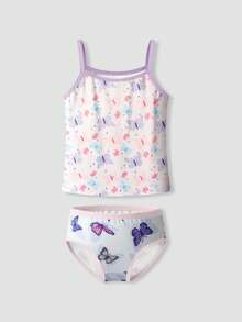 2 Sets Tween Girls Multi-Color Butterfly Print Sweet Soft Comfortable Simple Basic Long Camisole And Triangle Panties Underwear Set - Multicolor - View 3