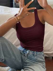 Solid Color Fitted Tank Top For Summer Vacation - Brown - View 4