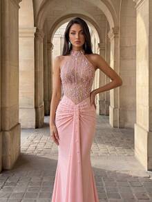 Firerie Elegant, Glamorous, And A Mermaid Skirt With Flowing Ribbons.. Party. Pink Dress For Wedding Season And Back-To-School Season - Pink - View 3