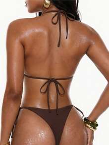 Oceva Bộ đồ bơi nữ, họa tiết chấm bi ánh kim màu nâu, bikini gợi cảm quyến rũ, thích hợp cho kỳ nghỉ biển, bộ bikini nữ 2 mảnh, đồ bơi hai mảnh nữ, bộ đồ bơi mùa hè 2 mảnh dành cho nữ. - màu nâu - Xem 3