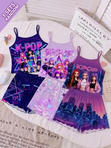 SHEIN [Randomly Sent 1 Set]Girls' Summer Fashion Cool K-Pop Girl Group Pattern Positioned Print Camisole Paired With Girl Group Pattern All-Over Print Shorts With Ruffle Edge Design, Knit Fabric, Comfortable And Soft, 2-Piece Set, Loungewear Pajamas Suitable For Home And Outings, Versatile - Multicolor - View 4