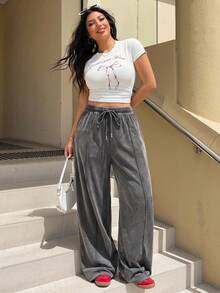 Muchica Plus Size Women Drawstring Waist Wide Leg Loose Casual Sweatpants - Dark Grey - View 5