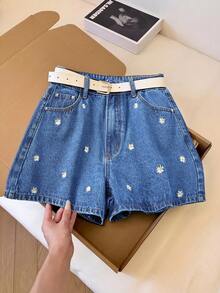 GlowEve 女款刺繡牛仔短褲 夏季款 - 中等水洗藍 - 查看 6