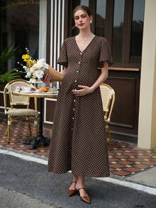 Momance Printed Polka Dot Split Long Ruffle Sleeve Casual Split Maternity Dress - Brown - View 7