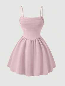Teen Girl Solid Color Pleated Design Fashion Camisole Dress - Pink - View 1