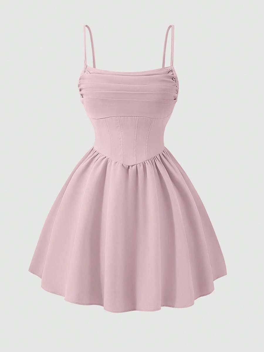 Teen Girl Solid Color Pleated Design Fashion Camisole Dress - Pink - View 1