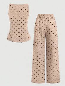 SHEIN Tween Girl Commuting Casual Flocked Bow Sleeveless Top And Straight Leg Pants Set - Khaki - View 2