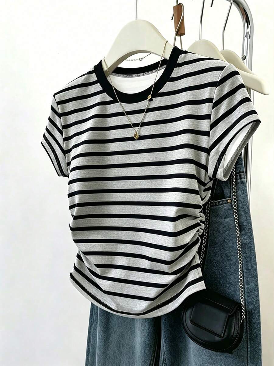 Teen Girls Black Striped & Graphic Print Knit T-Shirt,Casual Summer Tee For Graduation,Spring Personalized Graphic Tee,Comfortable Back To School Wear - Multicolor - View 1