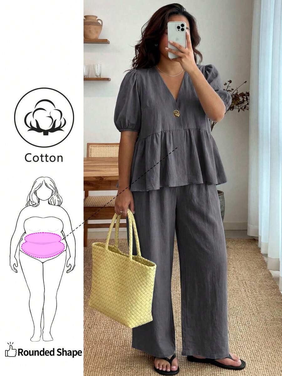 Enliva Conjunto de dos piezas para mujer talla grande con mangas abullonadas con volantes, top con cuello en V y pantalones con cintura elástica, para Body tipo manzana y redondeado - Gris - Ver 1